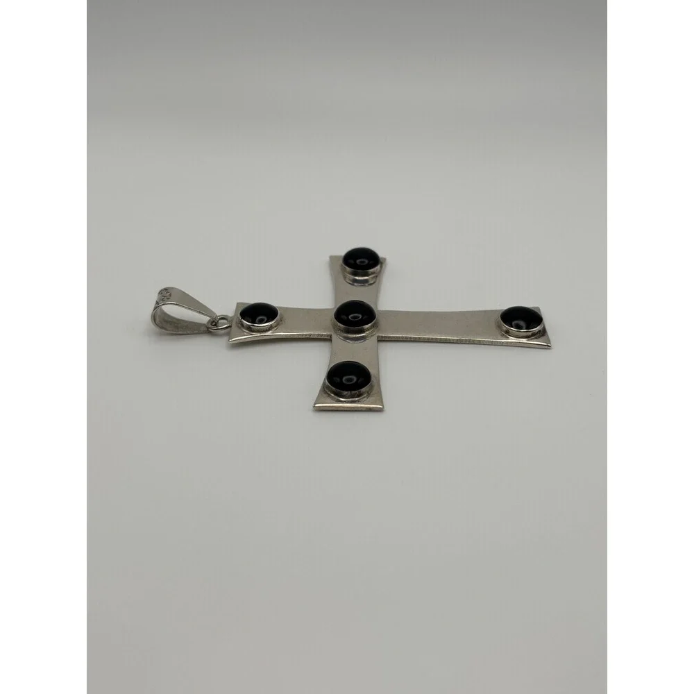Large VTG Taxco Mexico 925 Sterling Silver 925 Black Onyx Cross Pendant